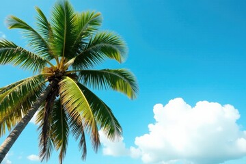 Coconut tree branches sway in the wind as fluffy white clouds drift lazily by, coconut tree, cloudy sky