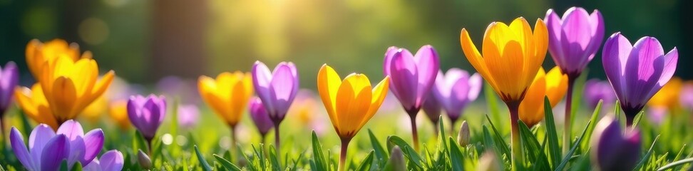 Fototapeta premium Colorful irises and crocuses blooming in a garden, blooms, blossoms