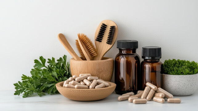Natural health products and tools arranged on table, featuring wooden brushes, herbal capsules, and green plants, creating calming and wellness focused atmosphere
