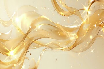 Luxurious golden waves flow with sparkling light effects and glowing particles on cream background, creating elegant flowing motion and magical atmosphere.