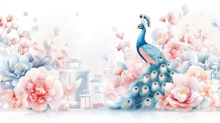 A beautiful peacock showcasing intricate Victorian motifs on  feathers, surrounded by delicate pastel watercolor flowers in a charming, warm cartoon illustration.