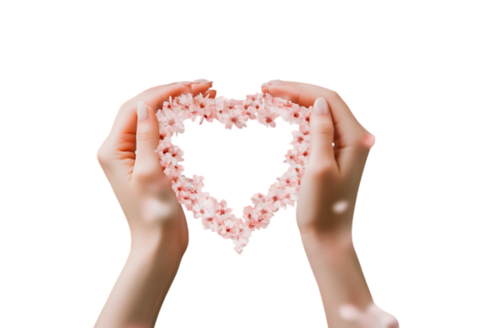 A pair of hands holding a heart-shaped frame filled with pink flowers against a white background.