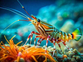 Vibrant Tiger Shrimp Underwater Macro Photography Stock Photo