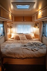 A small bedroom with a bed and a blanket on it