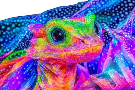 Vibrant rainbow lizard portrait, fantasy creature, colorful scales, digital art, imaginative reptile.