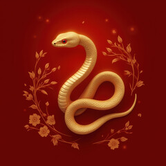 Obraz premium Golden snake illustration with floral elements on red background