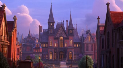 Fototapeta premium AI Generate A Grand Victorian Gothic Mansion At Dusk With Towering Spires