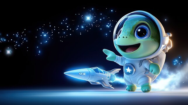A cheerful cartoon turtle wearing a detailed astronaut outfit, pointing excitedly at a sleek spaceship, with twinkling stars in the background, adding a sense of wonder and excitement.