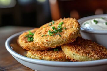 Fototapeta premium Rustic fried green tomatoes in a charming restaurant setting for food enthusiasts and culinary lovers