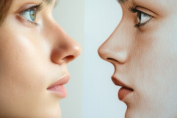 A profile shot of a young woman with striking blue eyes and smooth skin, juxtaposed against a detailed drawing of a similar face. Creative Contrast, Fusion of Art and Life