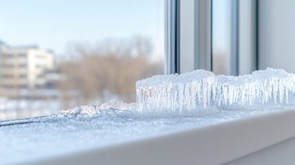 Frost on windowsill, city view, winter day, cold weather, home