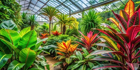 Fototapeta premium Exotic Lush Tropical Plant Surrounded by Vibrant Greenery in a Thriving Greenhouse Garden Ecosystem, plants