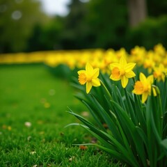 Daffodil flowers swaying gently in the breeze on a green lawn, yellow, garden, blooms