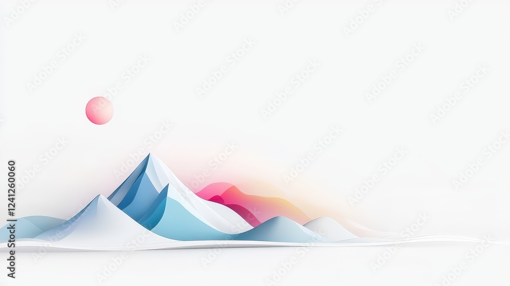 Poster a flat design of a minimalist mountain range, with sharp geometric lines and subtle color gradients,