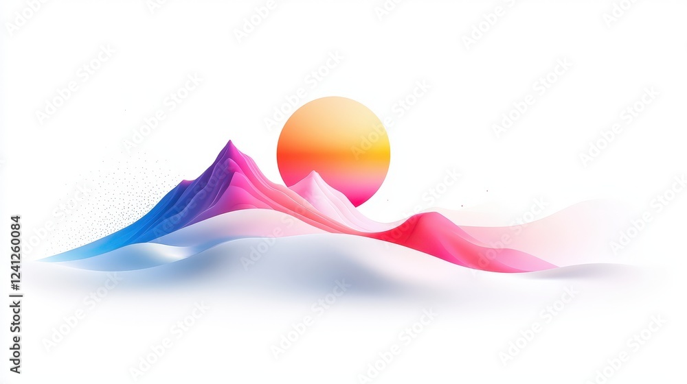 Poster a flat design of a minimalist mountain range, with sharp geometric lines and subtle color gradients,