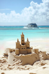 A sand castle is built on the beach next to a boat