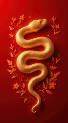 Fototapeta premium Golden snake on red background with floral elements, symbolizing elegance and nature