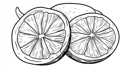 Two lemon halves, one whole lemon, white background;  culinary illustration