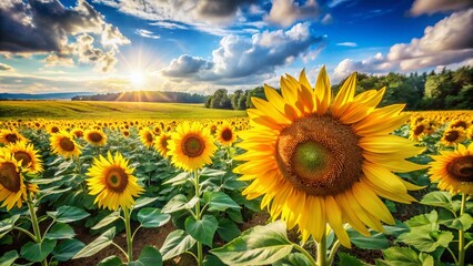 Fototapeta premium Vibrant Yellow Sunflower Field Landscape Photography - Summer Bloom