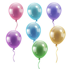 Pink, blue, purple, green, gold balloons. Party celebration birthday.  Transparent.