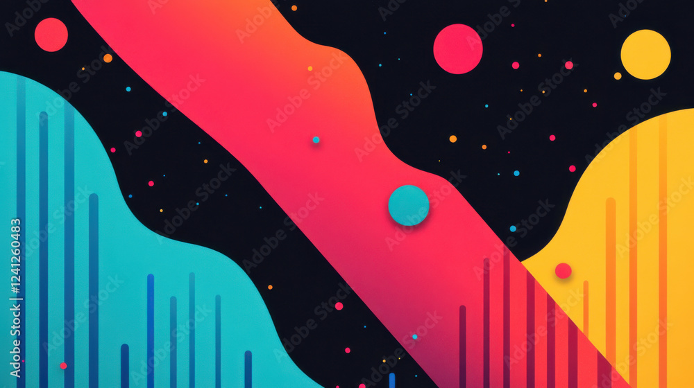 Poster vibrant abstract design featuring colorful shapes and lines on dark background, representing digital