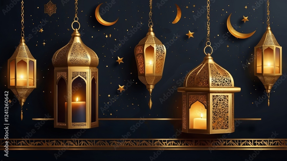 Aufkleber decorative lanterns and crescent moons create a serene evening atmosphere in a nighttime setting