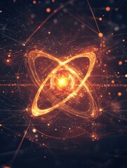 A glowing atomic structure with a central nucleus surrounded by orbiting electrons. The atom is shown against a dark background with a network of lines and dots.