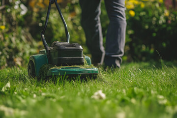 Man mows grass in a lush garden during late afternoon, showcasing a well-maintained outdoor space