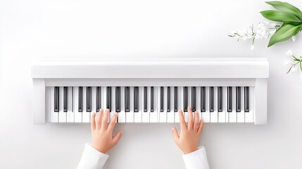 A music tutor teaching a young child how to play a piano, with a close-up focus on the hands and keys, isolated on a white background, creating an engaging atmosphere for learning.