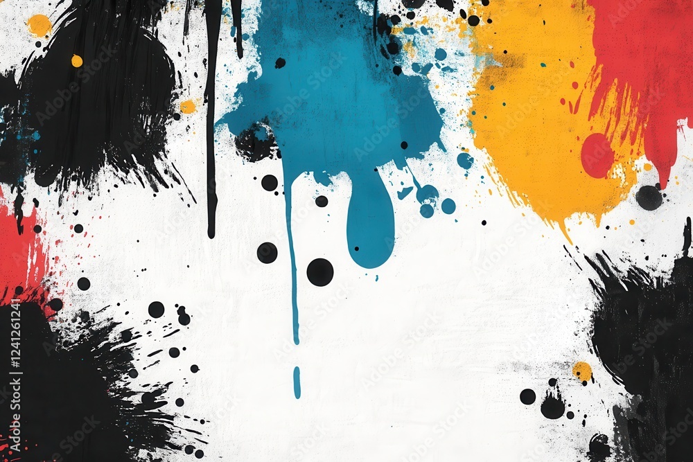 Poster artistic ink splashes and textured paint strokes with dynamic colors, vibrant drips, and unique circ