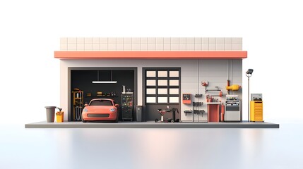 Detailed 3D Rendering of a Modern Car Repair Shop Storefront with Tools and Equipment