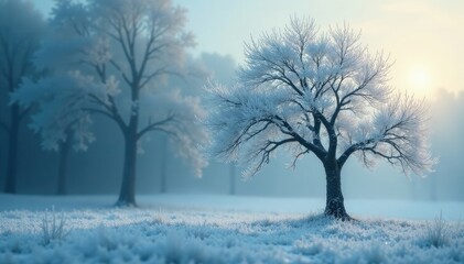 Fototapeta premium Frosty branches unfolding like a ghostly tree, soft focus, peaceful, misty