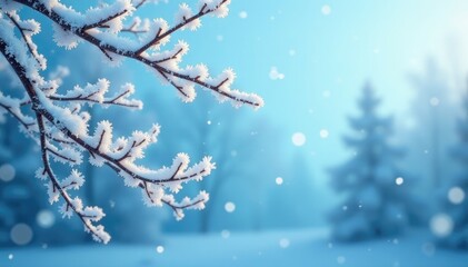 Frosty branches etched against pale blue, snowflakes gently falling on bare tree limbs, branches, landscape