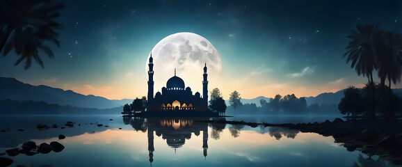 Moonlit Mosque Reflected in Calm Waters