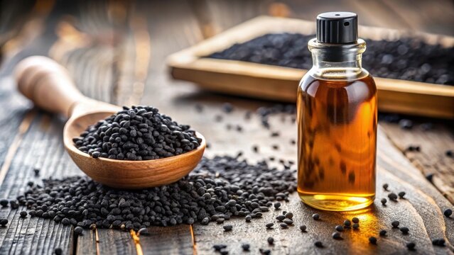 Close-up of black cumin oil bottle on table with selective focus, natural health supplement , focal point