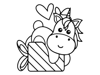Valentine Day Unicorn Holding Gift Line Art