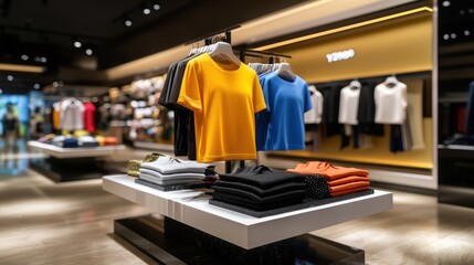 Display of colorful clothing in a modern retail store, showcasing vibrant shirts and neatly folded items