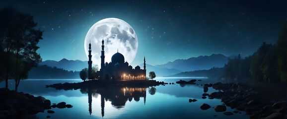 Moonlit Mosque Reflected in Calm Waters