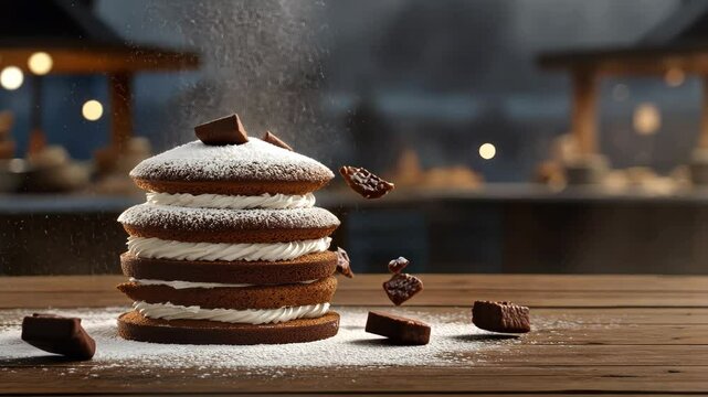 Cream-filled layered cookies are artfully stacked and dusted with confectioners' sugar, creating a delightful treat at dusk