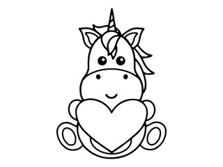 Valentine Day Unicorn Holding Heart Line Art