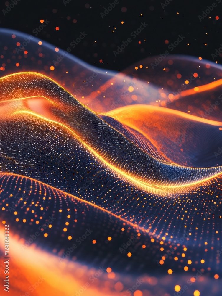 Poster mesmerizing abstract tech waves with flowing luminous particles and swirling digital energy. futuris