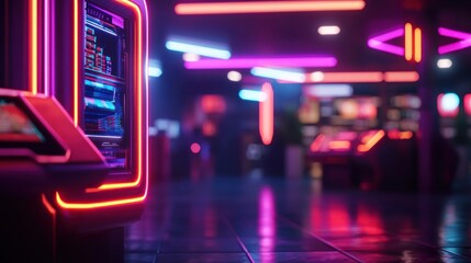 Obraz premium Neon-lit arcade scene showcasing gaming machines with vibrant lights and a bustling atmosphere