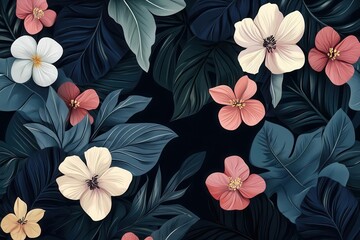 stylized leaves and flowers in a modern vector illustration on a dark background, perfect for wallpapers and decor, blending elegance with artistry