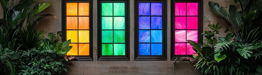 Vibrant stained glass windows with lush plants.