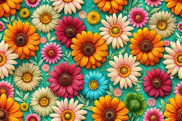 Vintage Daisy Pattern, Rich Colors, Spring Floral Textile Design
