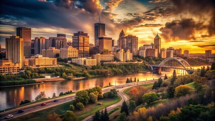Obraz premium Vintage Edmonton Skyline: Alberta's Downtown Cityscape at Dusk