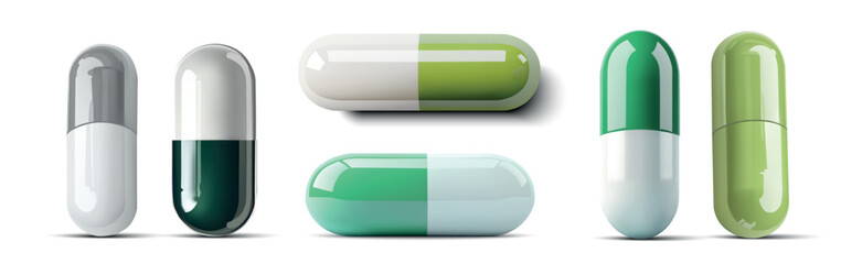 Several green and white capsules are arranged neatly on a bright surface. The capsules are displayed in various shapes and orientations, showcasing their distinct designs.
