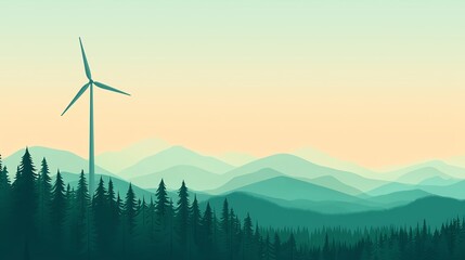 Wind turbine in serene mountain landscape.