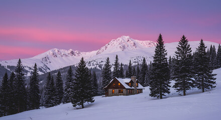 Fototapeta premium A remote mountain cabin nestled among towering pine trees, surrounded by snow-covered peaks under a pastel-colored sunset sky