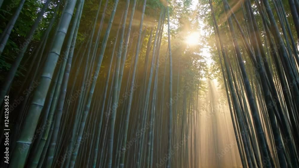 Poster Sunlight filters through a serene bamboo forest creating an enchanting atmosphere in nature's embrace